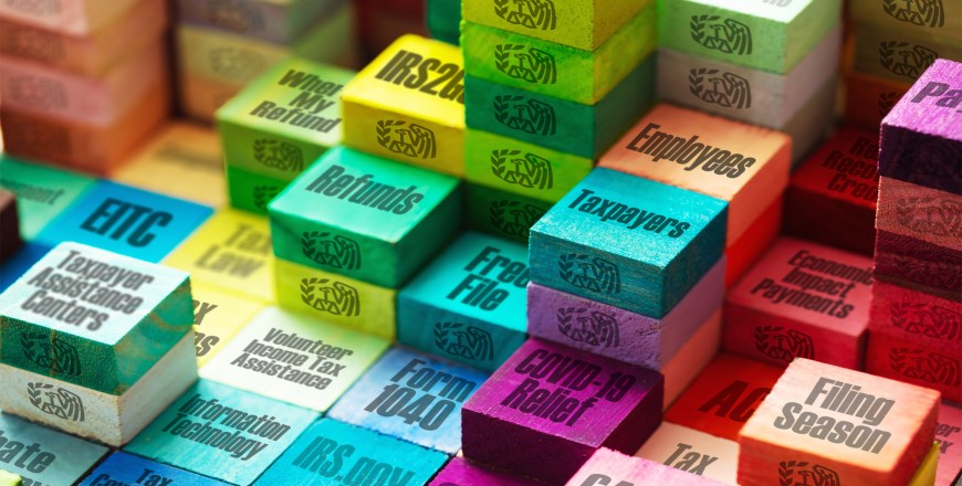 Stacks of multicolor block with various IRS topics written on them
