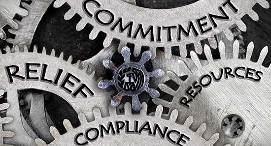 cogs with words written on them - committment, compliance, relief, resounces