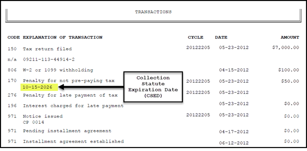 There is a callout box with a bold arrow pointing to the highlighted collection statute expiration date of October 15, 2026, which is located below the transaction code 170, explanation of transaction.