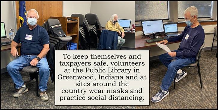To be safe, volunteers at the Public Library in Greenwood, Indiana and at sites around the country wear masks and practice social distancing.