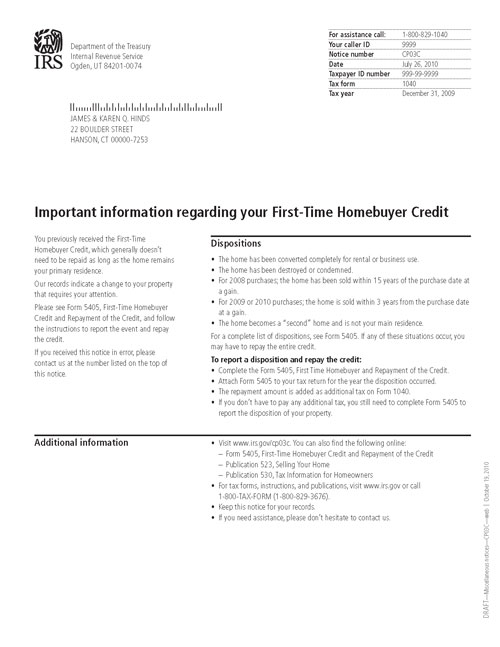 CP03C Notice (OTC Notice) - Page 1 Image of a printed IRS CP03C Notice