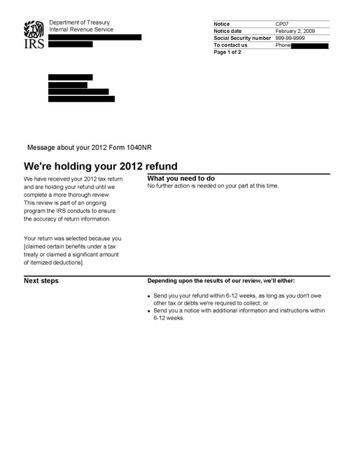 Image of page 1 of a printed IRS CP07 Notice