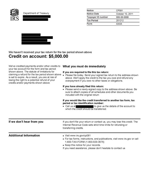 Image of page 1 of a printed IRS CP081 Notice