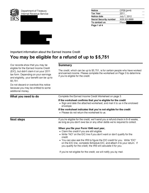 CP09 Notice (OTC Notice Project) - Page 1 Image of page 1 of a printed IRS CP09 Notice
