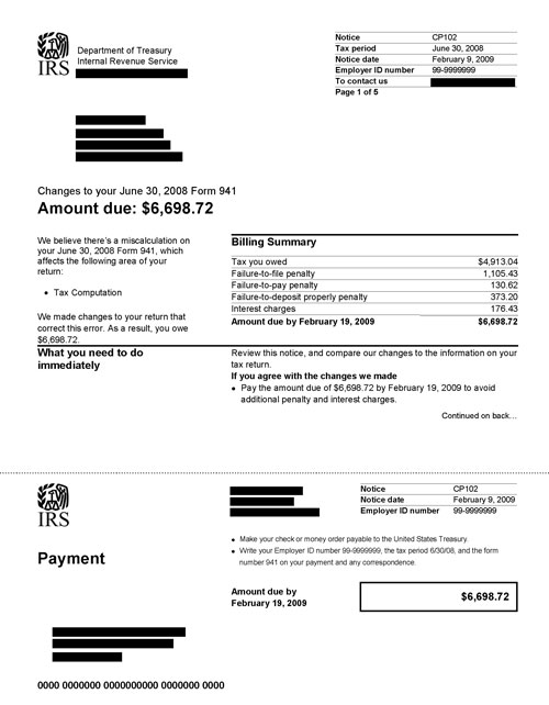 Image of page 1 of a printed IRS CP102 Notice