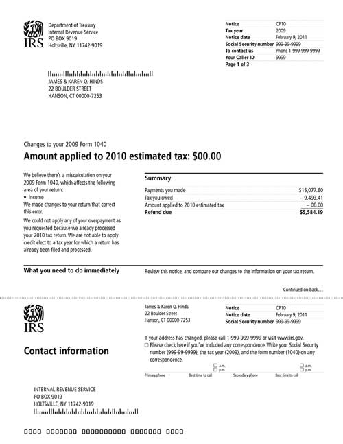 CP10 Notice (OTC Notice Project) - Page 1 Image of page 1 of a printed IRS CP10 Notice