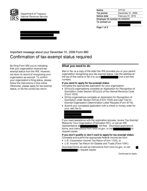 Image of page 1 of a printed IRS CP120 Notice