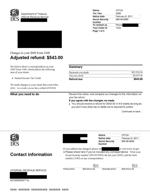 CP12A Notice (OTC Notice Project) - Page 1 Image of page 1 of a printed IRS CP12A Notice