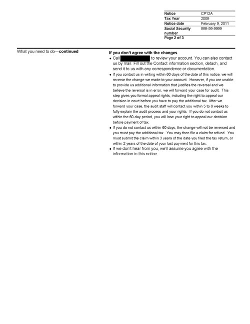 CP12A Notice (OTC Notice Project) - Page 2 Image of page 2 of a printed IRS CP12A Notice
