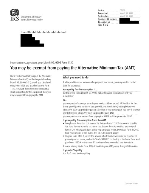 CP130 Notice (TACT Notice Project) - Page 1 Image of a printed IRS CP130 Notice