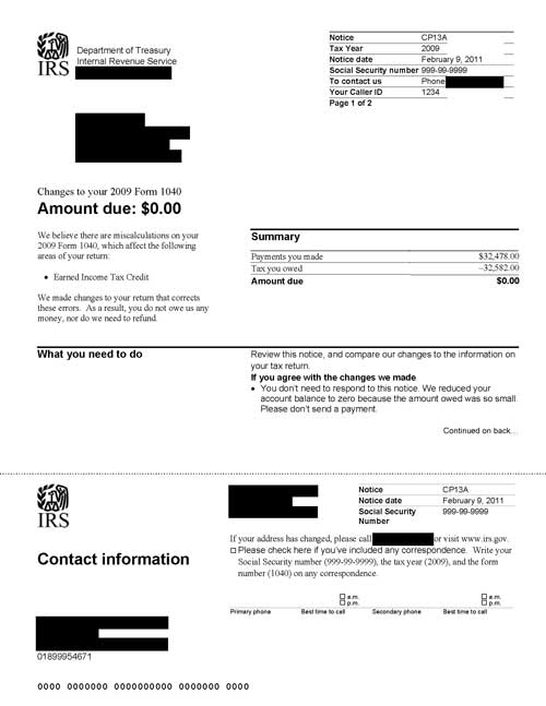 CP13A Notice (OTC Notice Project) - Page 1 Image of page 1 of a printed IRS CP13A Notice