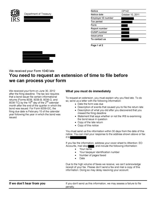 Image of page 1 of a printed IRS CP142 Notice