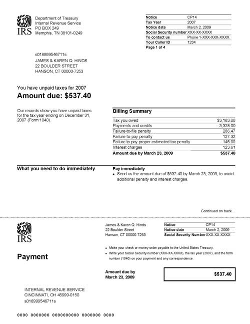 Image of page 1 of a printed IRS CP14 Notice