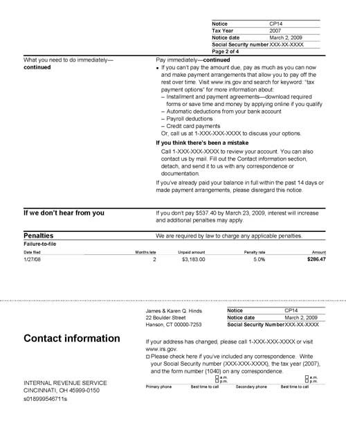 Image of page 2 of a printed IRS CP14 Notice