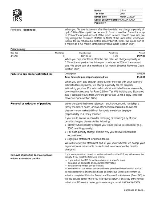 Image of page 3 of a printed IRS CP14 Notice