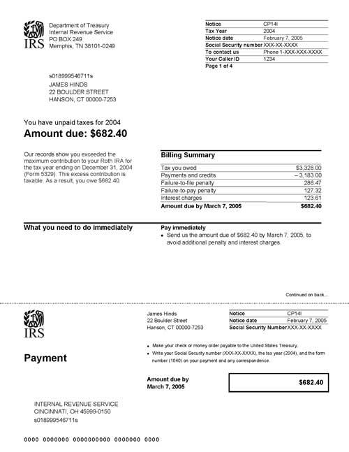 CP14I Notice (OTC Notice Project) - Page 1 Image of page 1 of a printed IRS CP14I Notice