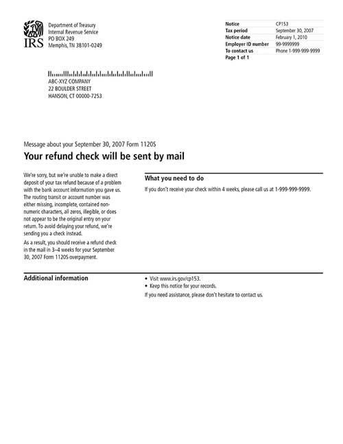 Image of page 1 of a printed IRS CP153 Notice