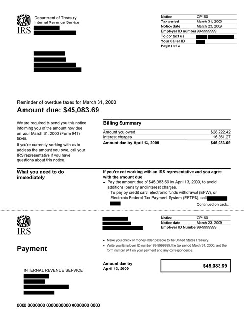 Image of page 1 of a printed IRS CP160 Notice