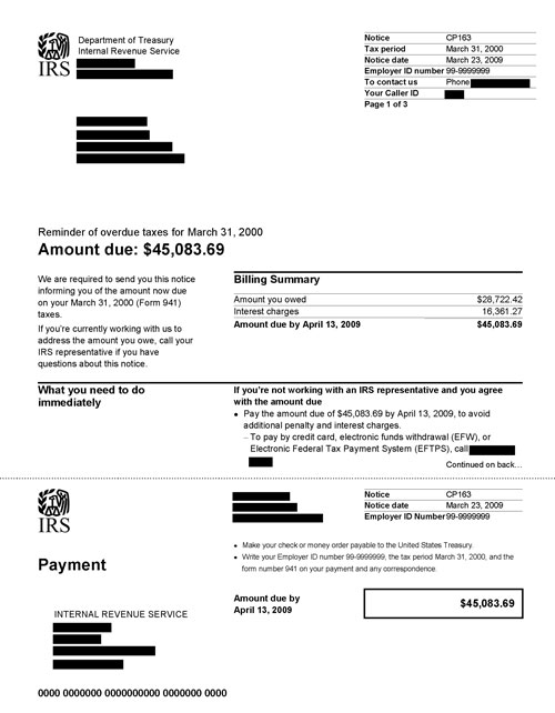 Image of page 1 of a printed IRS CP163 Notice
