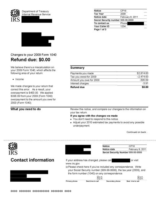 Image of page 1 of a printed IRS CP16 Notice