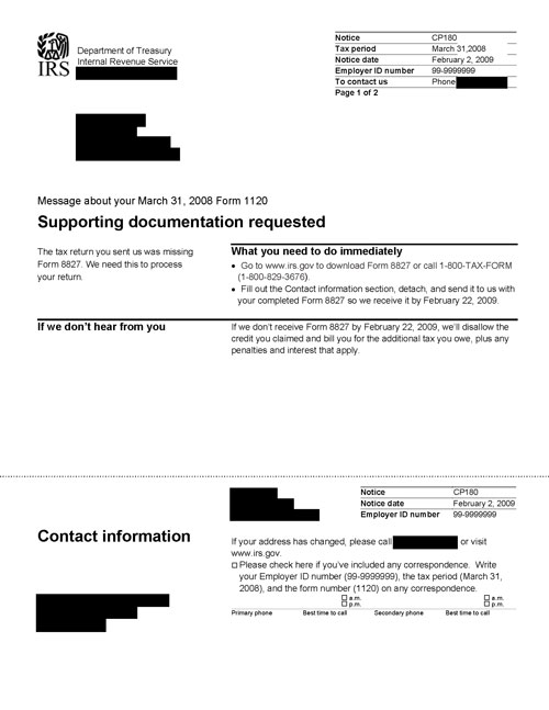 CP180 Notice (OTC Notice Project) - Page 1 Image of page 1 of a printed IRS CP180 Notice
