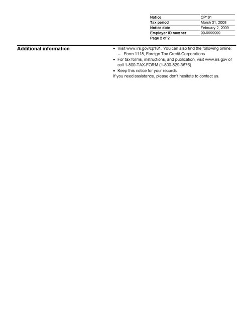 CP181 Notice (OTC Notice Project) - Page 2 Image of page 2 of a printed IRS CP181 Notice