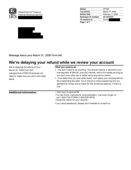 Image of page 1 of a printed IRS CP188 Notice