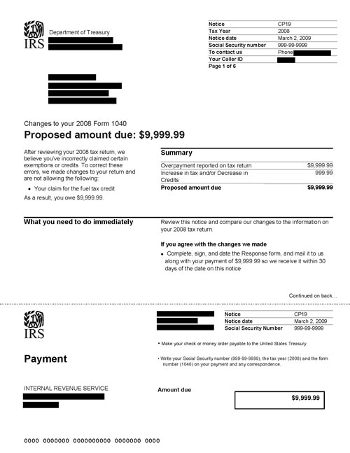 CP19 Notice (OTC Notice Project) - Page 1 Image of page 1 of a printed IRS CP19 Notice