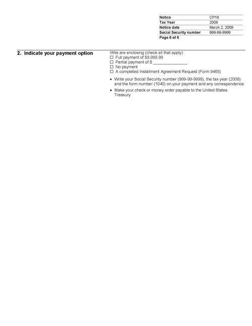 CP19 Notice (OTC Notice Project) - Page 6 Image of page 4 of a printed IRS CP19 Notice