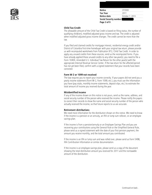 Image of page 3 of a printed IRS CP2000 Notice