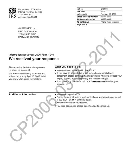 CP2006 Notice (OTC Notice Project) - Page 1 Image of page 1 of a printed IRS CP2006 Notice