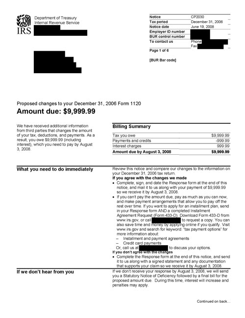 Image of page 1 of a printed IRS CP2030 Notice