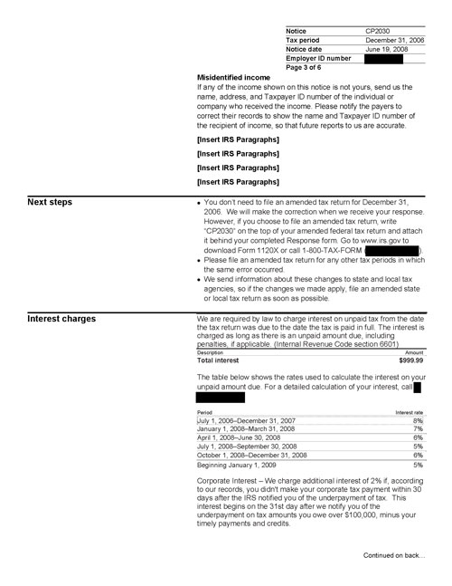 Image of page 3 of a printed IRS CP2030 Notice