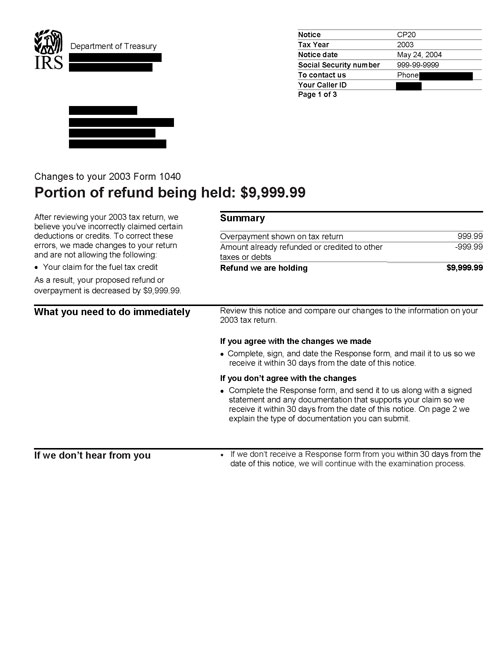 Image of page 1 of a printed IRS CP20 Notice