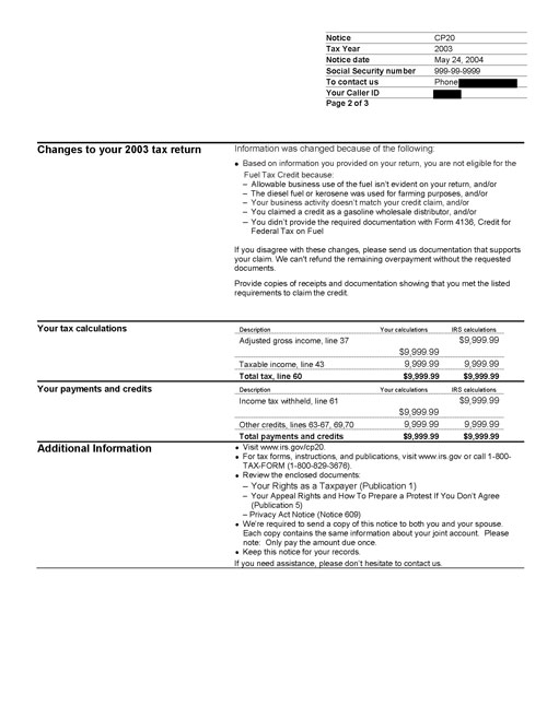 Image of page 2 of a printed IRS CP20 Notice