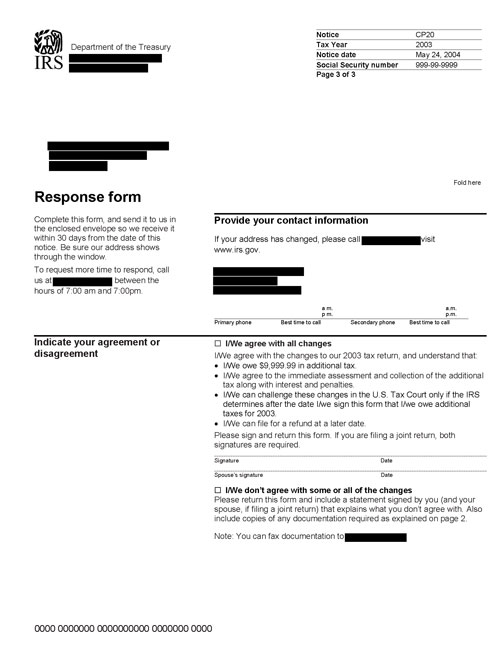 Image of page 3 of a printed IRS CP20 Notice