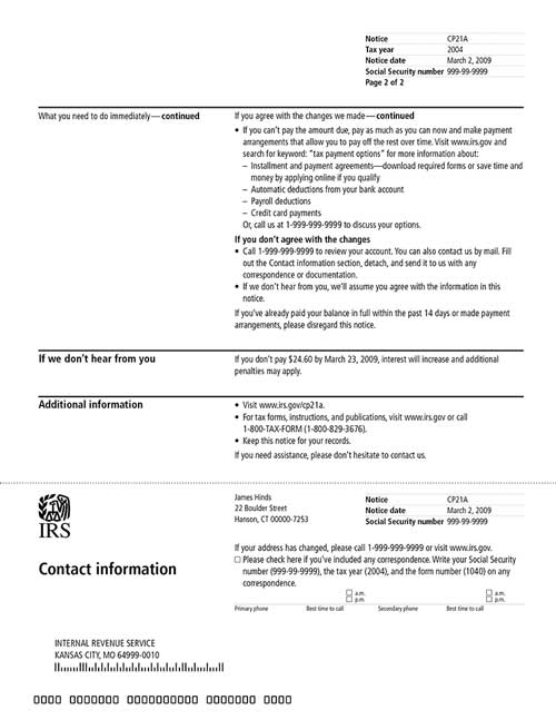 CP21A Notice (OTC Notice Project) - Page 2 Image of page 2 of a printed IRS CP21A Notice