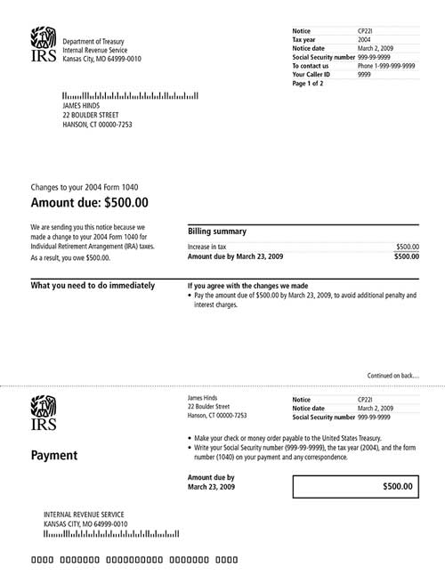 Image of page 1 of a printed IRS CP22I Notice