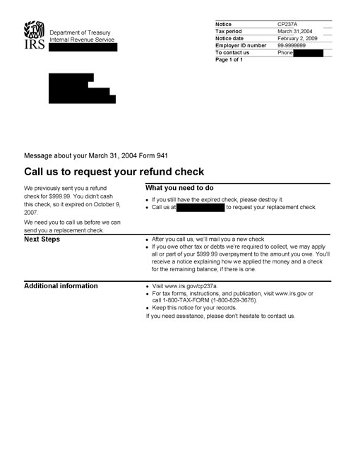 Image of page 1 of a printed IRS CP237A Notice
