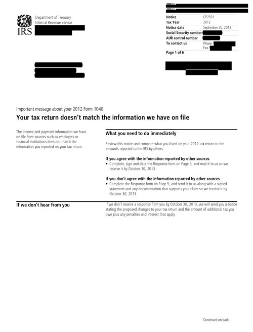 CP2501 Notice (OTC Notice Project) - Page 1 Image of page 1 of a printed IRS CP2057 Notice