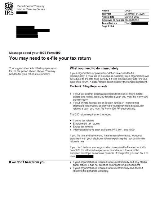 Image of page 1 of a printed IRS CP254 Notice