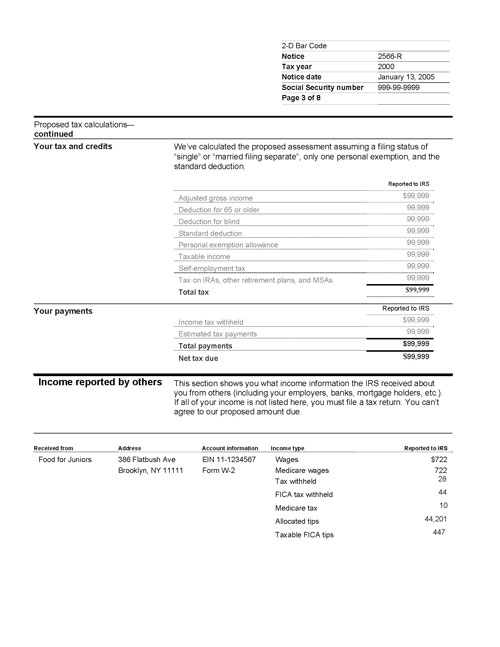 Image of page 3 of a printed IRS CP2566R Notice