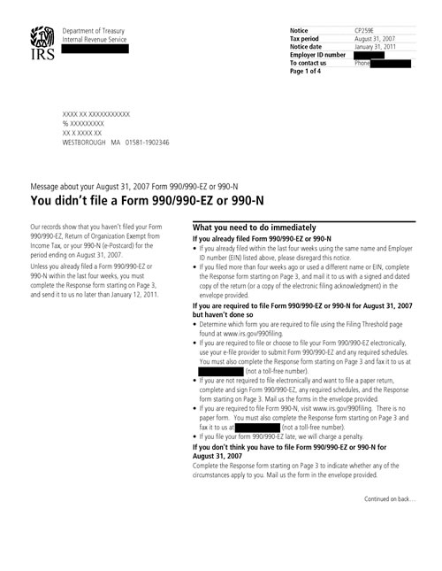 Image of page 1 of a printed IRS CP259E Notice