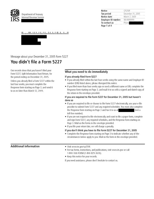 Image of page 1 of a printed IRS CP259F Notice