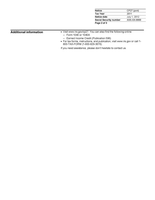 CP27 Notice (OTC Notice Project) - Page 2 Image of page 2 of a printed IRS CP27 Notice