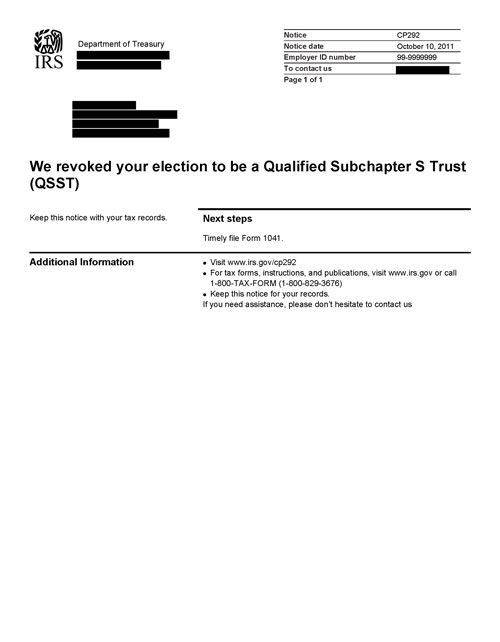 Image of page 1 of a printed IRS CP292 Notice