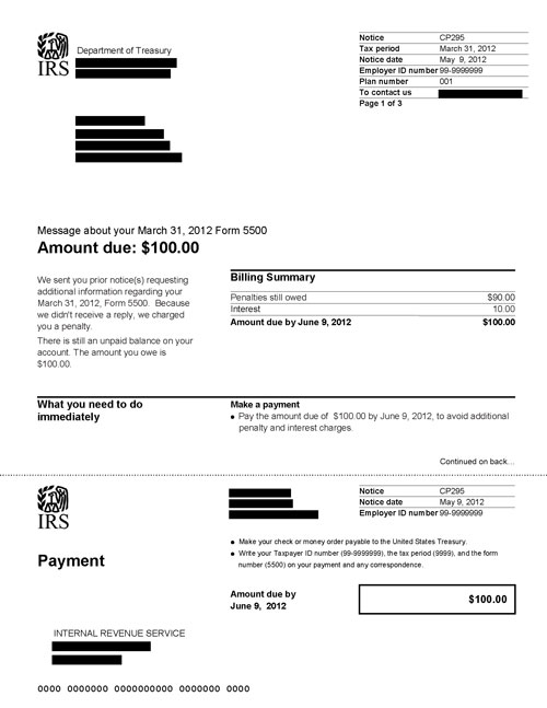 Image of page 1 of a printed IRS CP295 Notice