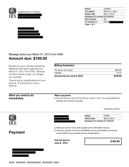 Image of page 1 of a printed IRS CP295A Notice