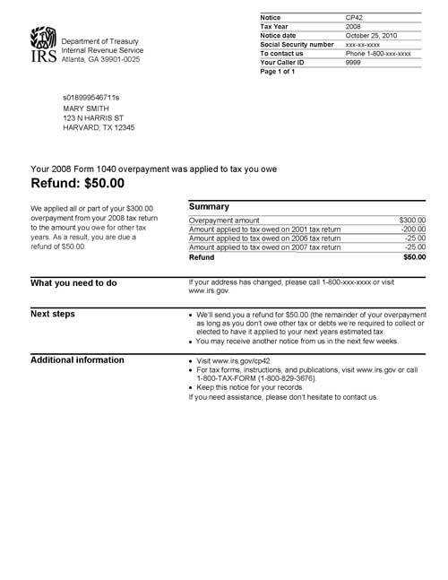 CP42 Notice (OTC Notice Project) - Page 1 Image of page 1 of a printed IRS CP42 Notice