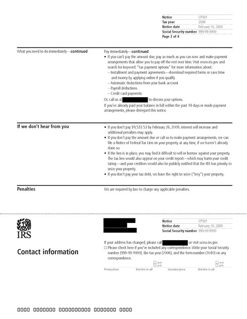 Image of page 2 of a printed IRS CP501 Notice